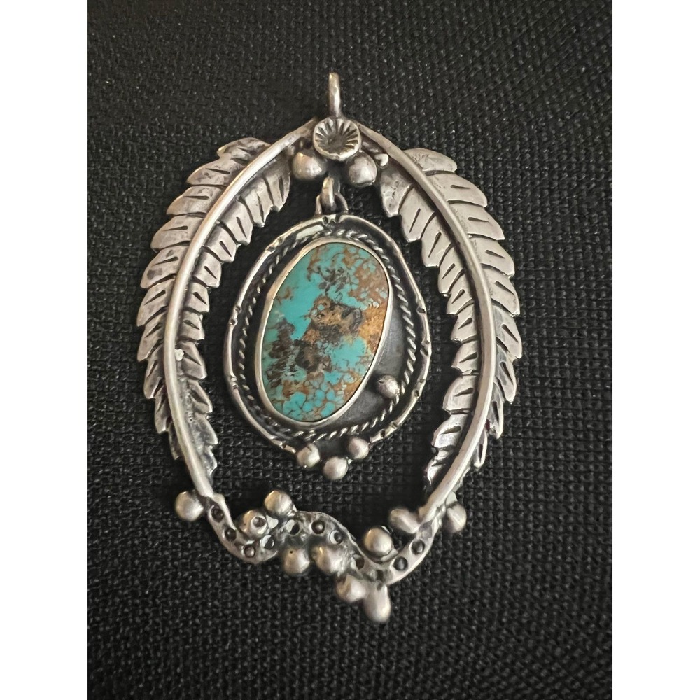 Vtg Sterling Silver Turquoise Pendant Large Southwestern Feather Statement 3.25"